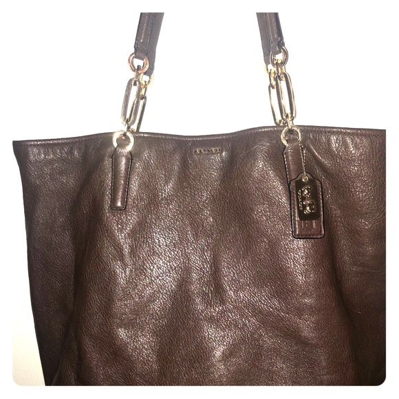 Dark brown -  leather coach tote w/ ring details - Picture 1 of 5